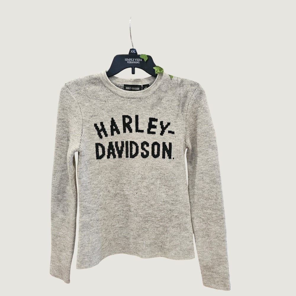 Harley Davidson Black Gray Ladies Knit Sweater XS Crew Neck Soft Acrylic Blend